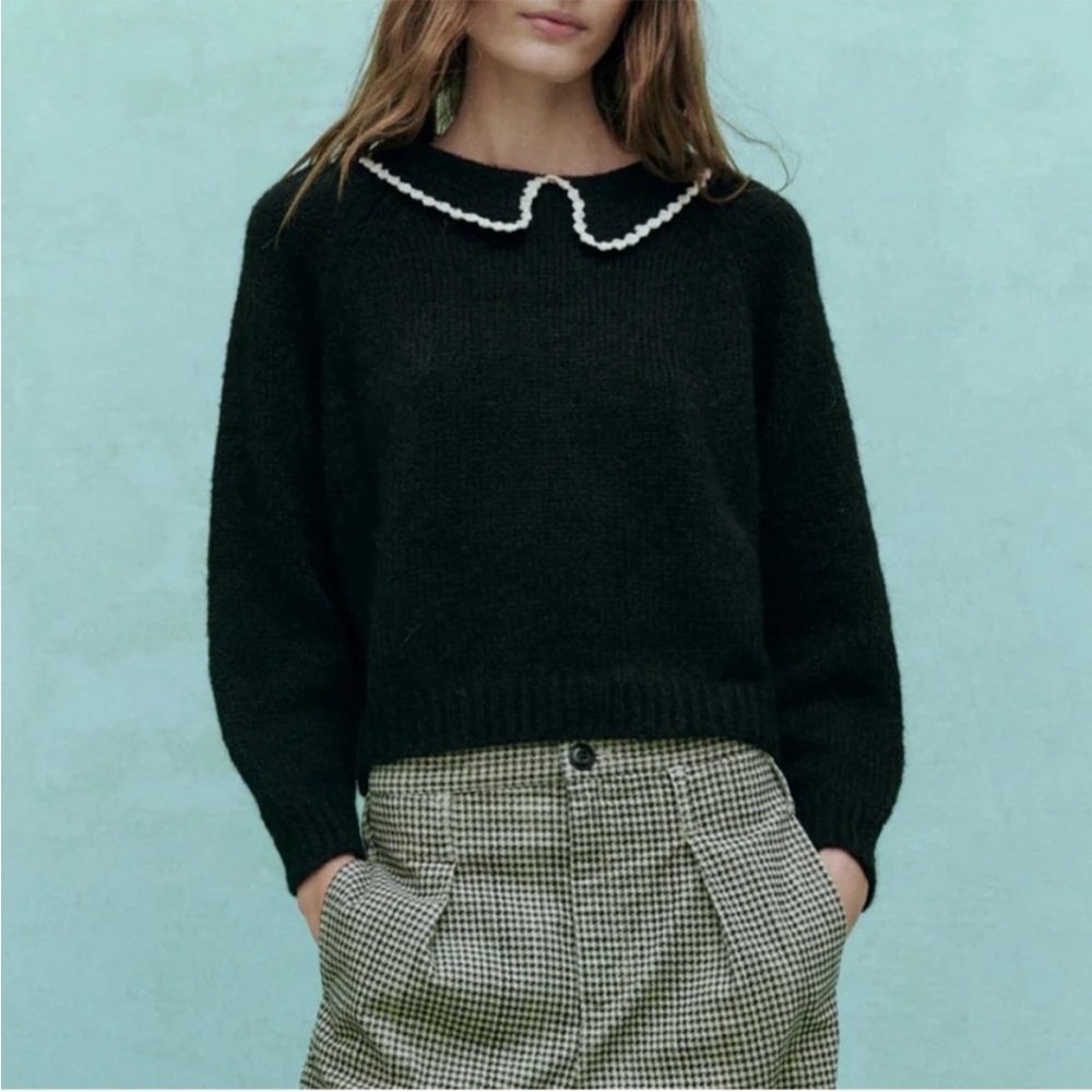 The Great. The Crochet Collar Pullover in Black. Size 0. - Picture 2 of 8